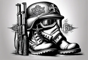 traditional battlefield cross with helmet, m-16 and boots tattoo idea