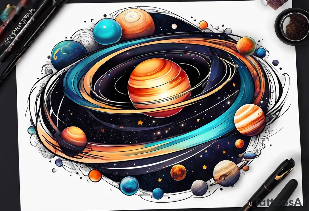 Half sleeve tattoo of planets orbiting a black hole. tattoo idea