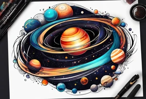 Half sleeve tattoo of planets orbiting a black hole. tattoo idea