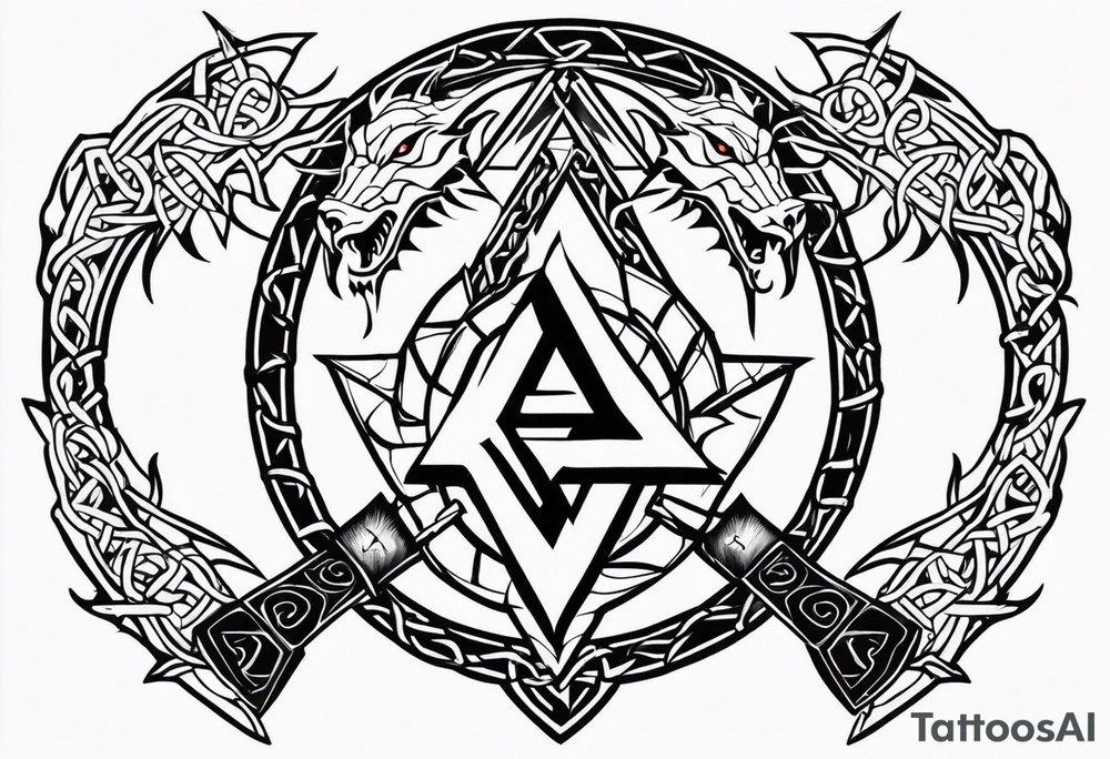 Valhalla sword shield axe barbed wire chains valknut fire dragon tattoo idea Valhalla sword shield axe barbed wire chains valknut fire dragon tattoo idea