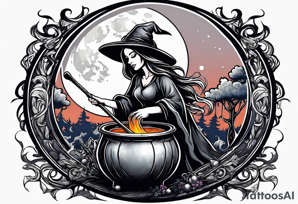 Witch stirring a cauldron under a full moon tattoo idea