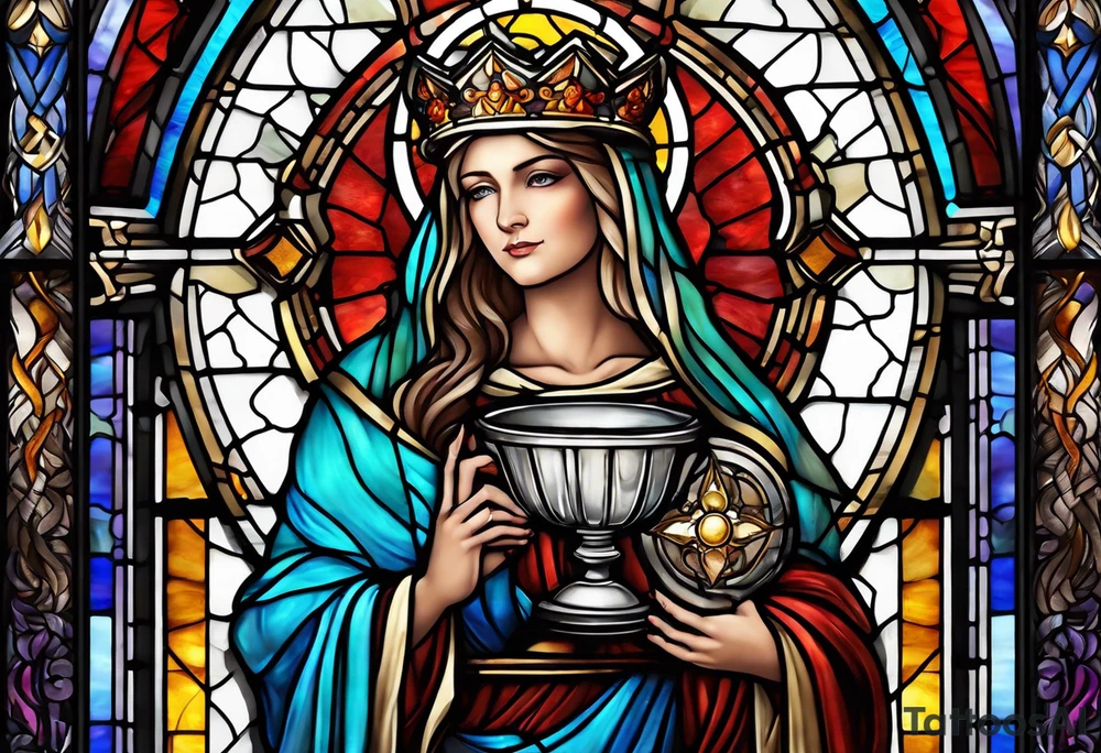 holy saint woman with halo stained glass holding a chalice with artillery tattoo idea