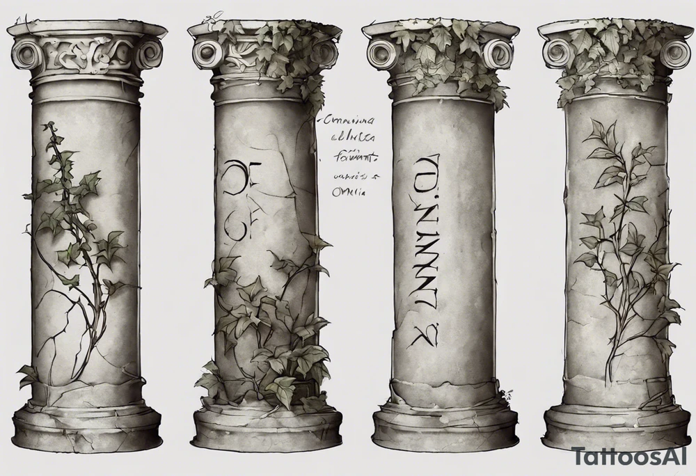 I want an ancient Roman pillar, with apparent cracks on it and a little bit of overgrown plants such as, but not limited to, ivy. The top part shows that it is an Ionian pillar and has the word "OMNIA" written on it. The tattoo has some shading as the pillar is turned very slightly, about 10 degrees, to the right. The top part of the pillar must have fallen off, and is slightly crumbled. tattoo idea