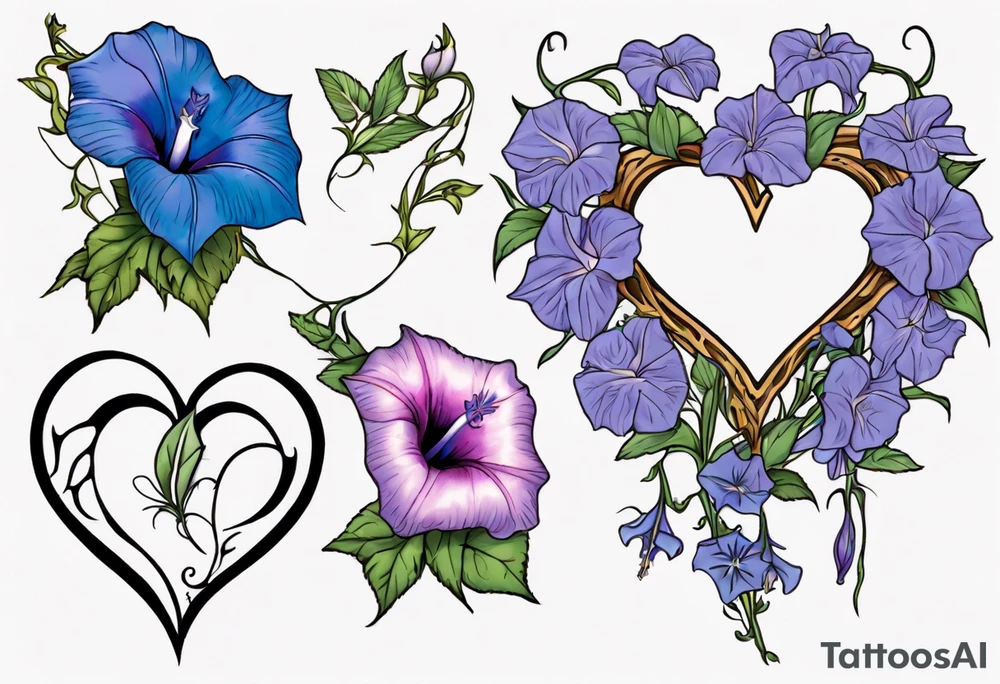 Morning glory and larkspur outlining a heart tattoo idea