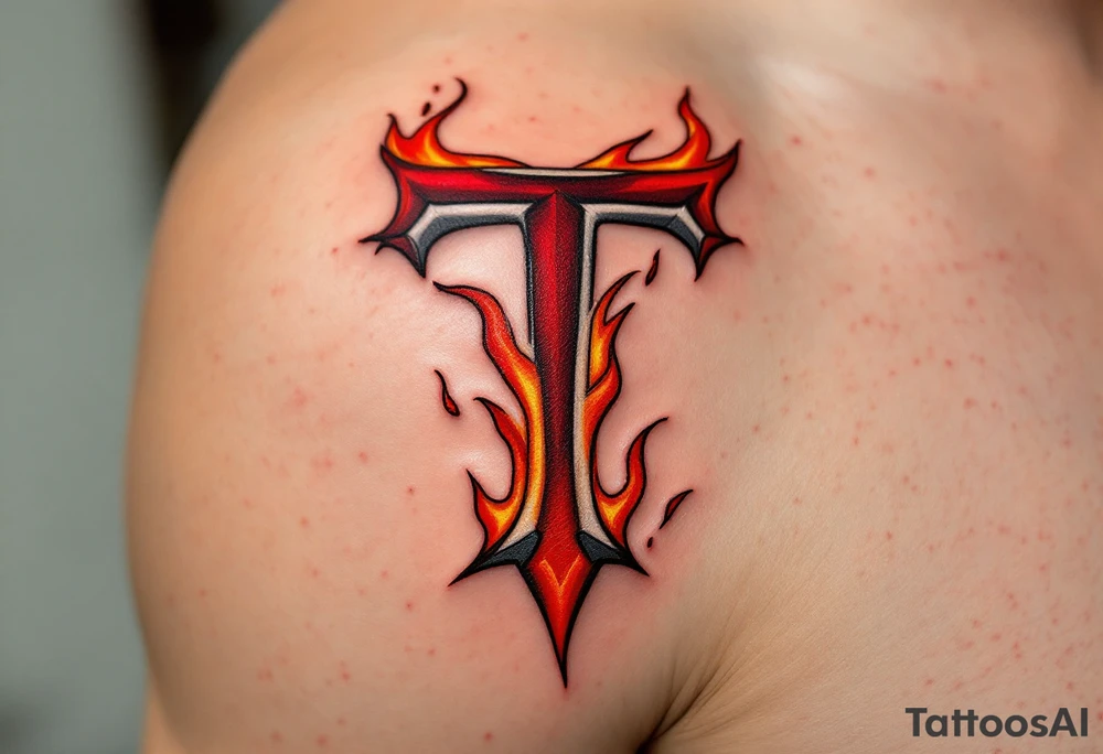 A fiery red "T" with orange flame-like accents licking up its sides. tattoo idea