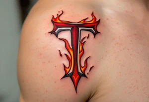 A fiery red "T" with orange flame-like accents licking up its sides. tattoo idea