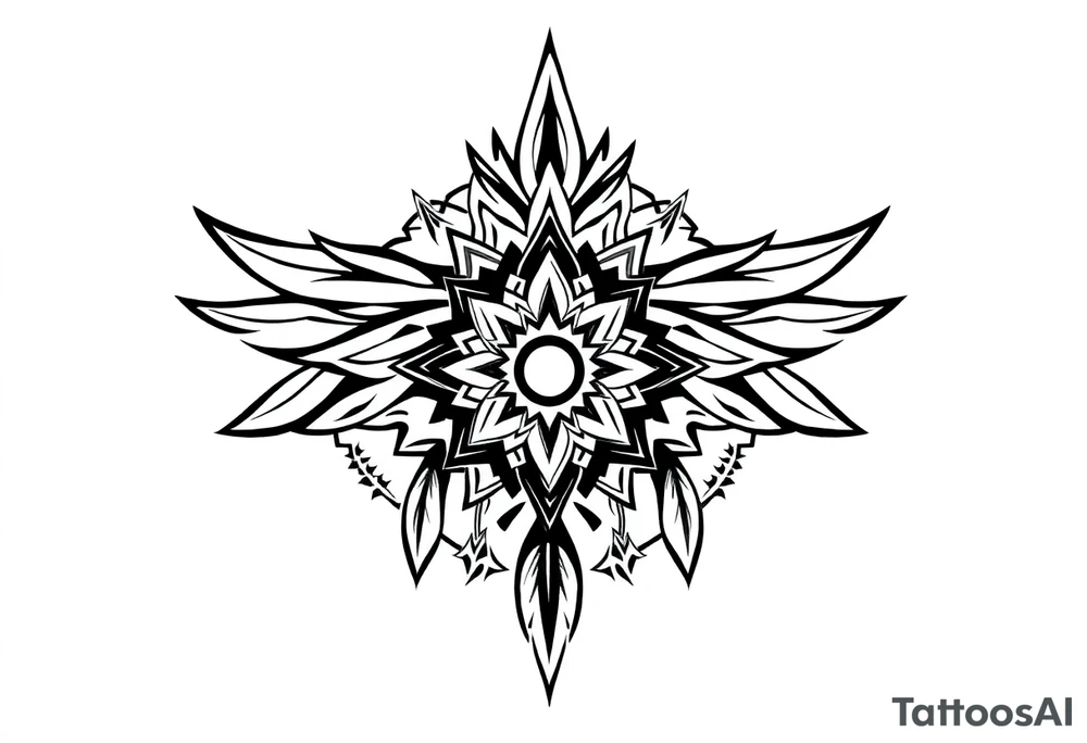 spiritual bold line feather indian mandala shaman tattoo idea