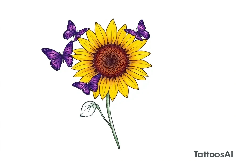 Sunflower with purple butterflies on side tattoo idea