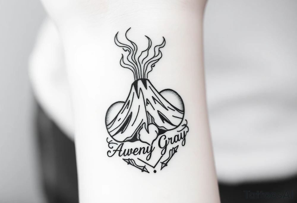 Female Geometric Volcano tattoo erupting in a heart with text Avery Gray on wrist tattoo idea