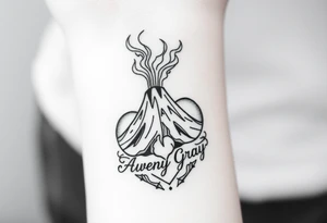 Female Geometric Volcano tattoo erupting in a heart with text Avery Gray on wrist tattoo idea