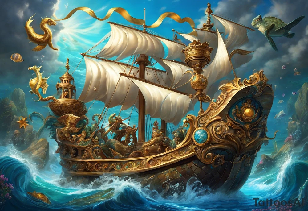 the tatto will be large in the middle there are sea horses guiding neptunes chariot they are the mythical beast castor and phalox, on the upper right is a blue nose and a rock sourrounded by water, on the upper left is a turtle with a golden shell and on the bottom is a ribbon with a sparrow on each side holding it up tattoo idea