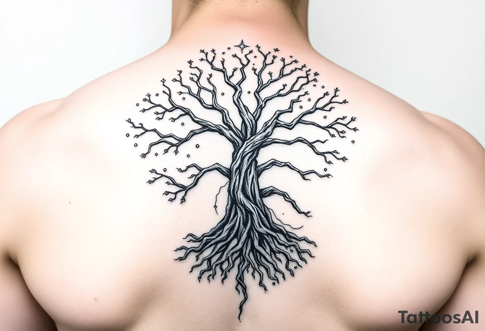mystical tree of life with cosmic roots and celestial branches tattoo idea