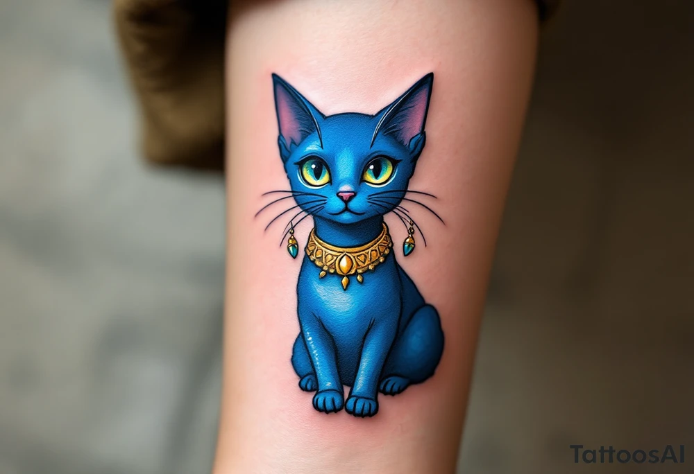 A cobalt-blue Bastet cat with gold earrings and collar, radiating mystery and protection. tattoo idea