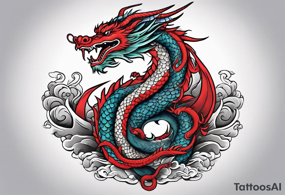 Asian dragon coiling around an anchor centered on the Korean flag tattoo idea