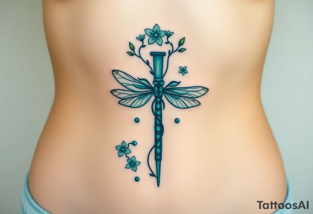 A cross made of twisting vines and flowers, with dragonfly-like wings in shades of teal and green tattoo idea