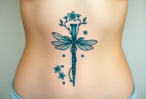 A cross made of twisting vines and flowers, with dragonfly-like wings in shades of teal and green tattoo idea