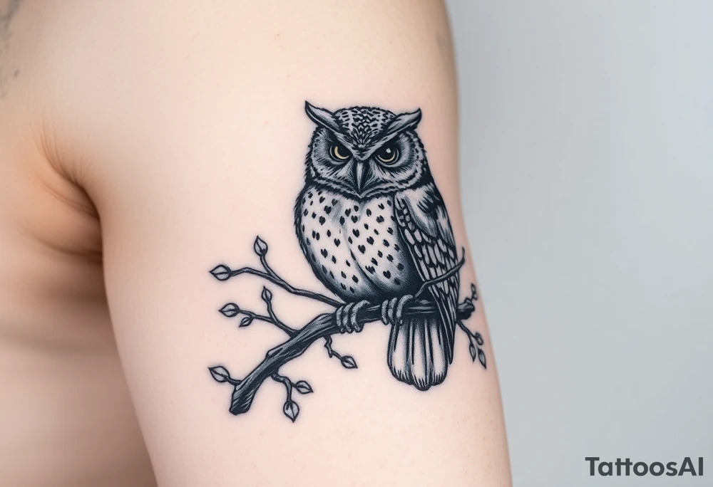 wise owl perched on branch with vine crawling and wrapping around the owl to where you can only see owls one eye peeking through tattoo idea