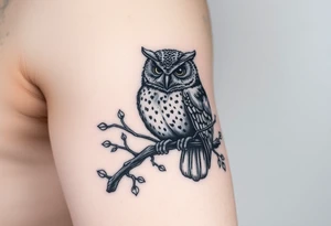 wise owl perched on branch with vine crawling and wrapping around the owl to where you can only see owls one eye peeking through tattoo idea