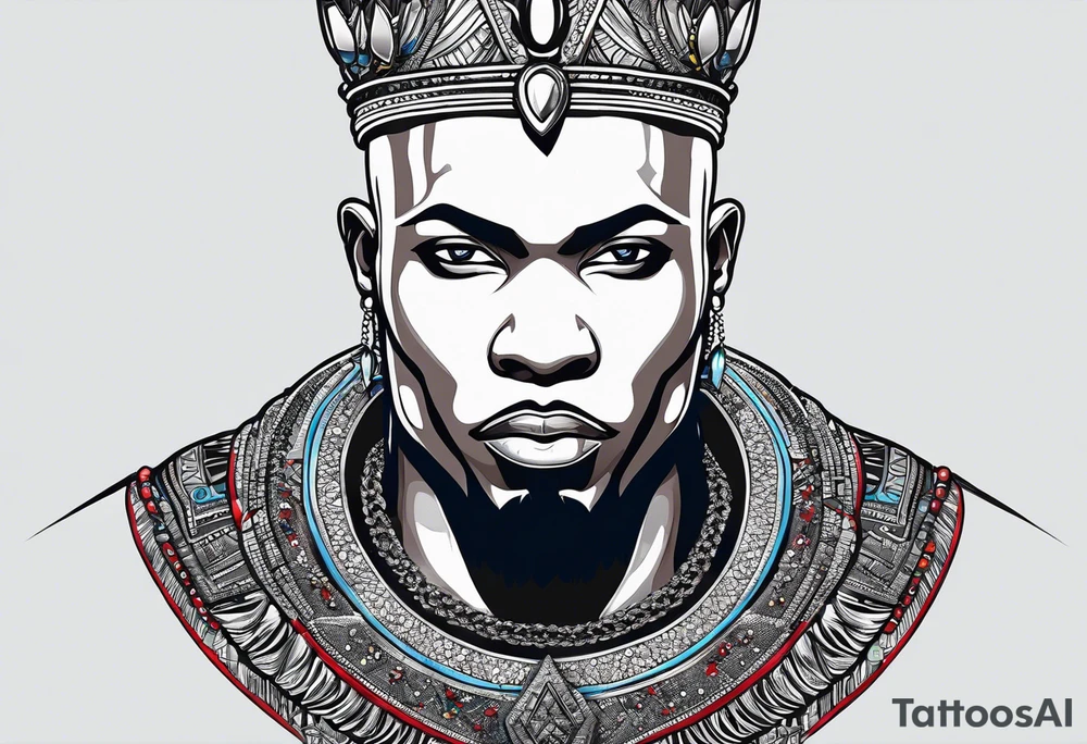 Black-skinned bald african warrior. He wears a simple and small silver crown. He uses two simple necklaces: one blue, other red. tattoo idea