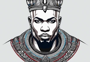 Black-skinned bald african warrior. He wears a simple and small silver crown. He uses two simple necklaces: one blue, other red. tattoo idea
