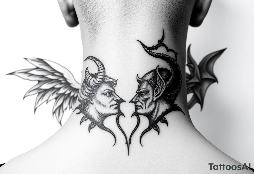 position behind the neck Angel (on the right) whispering in the right ear, demon (on the left) whispering in the left ear. It must be as realistic as possible. tattoo idea