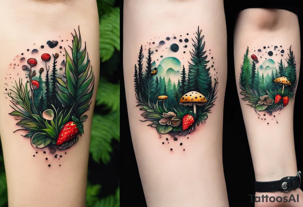 forest floor inspired minimalist tattoo, which includes grass, curly ferns, moss and dead leaves as the bulk of the tattoo. details to include: three very tiny strawberries, a tiny bumblebee flying nearby, three small brown mushrooms
Generate a vertically long one tattoo idea