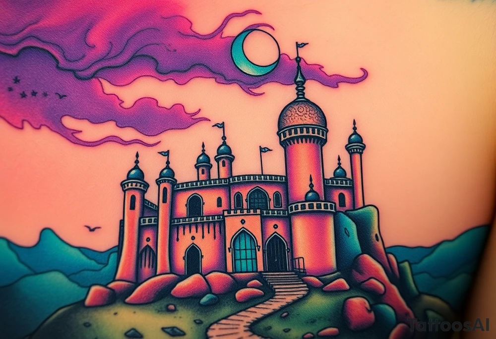 Tim Burton’s haunted Arabian castle is abandoned and dripping with muted reds, dusty pinks, and eerie green glow.purple and cyan smokey clouds swirl in the crescent moonlit sky thats sprinkled with stars tattoo idea tattoo idea