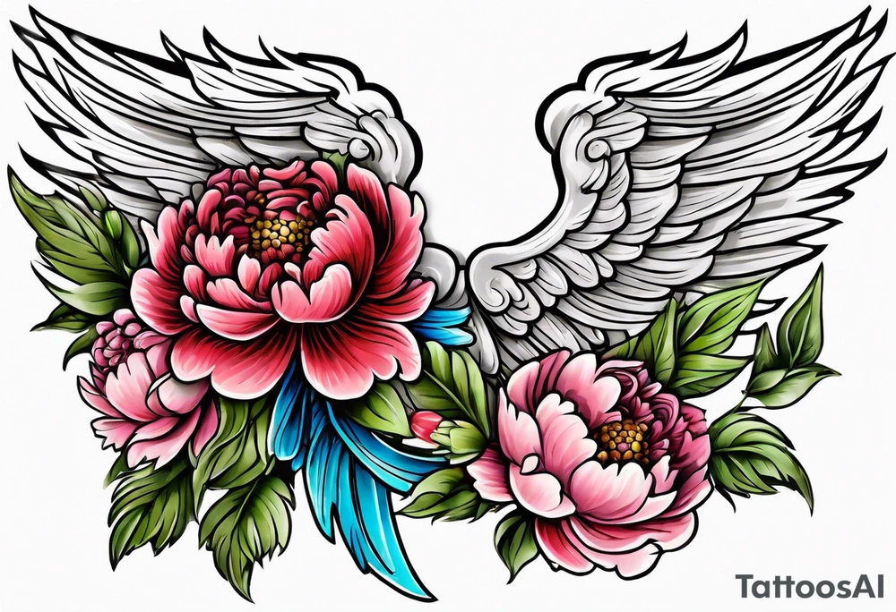 beautiful angel wings with colorful, peonies. beautiful flilligree in the background , full color, traditional old school , white background tattoo idea