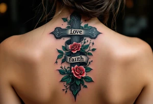 Bold black gothic font with a cross behind it in shadowy gray and a rose winding around the letters in red and green love faith hope. tattoo idea