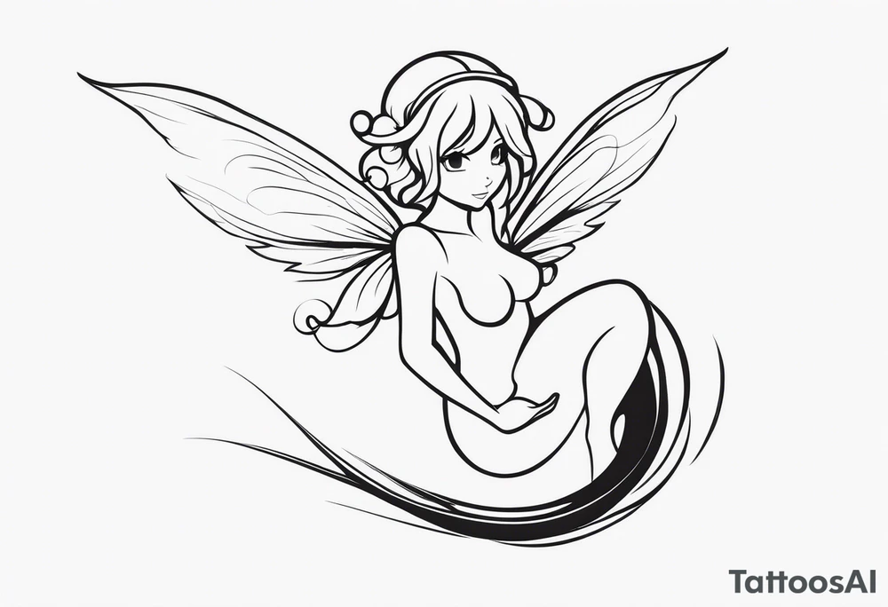 Minimalistic, monochromatic fairy with a tail flying to the left in a fetal position, leaning and looking in the same direction, with visible hands, embodying the 'Fairy Tail' logo aesthetic. tattoo idea