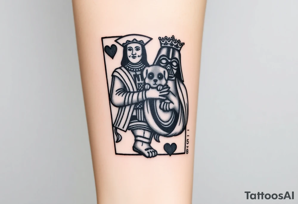 king of hearts card with arm Darth Vader card with paw prints and princess crown tattoo idea
