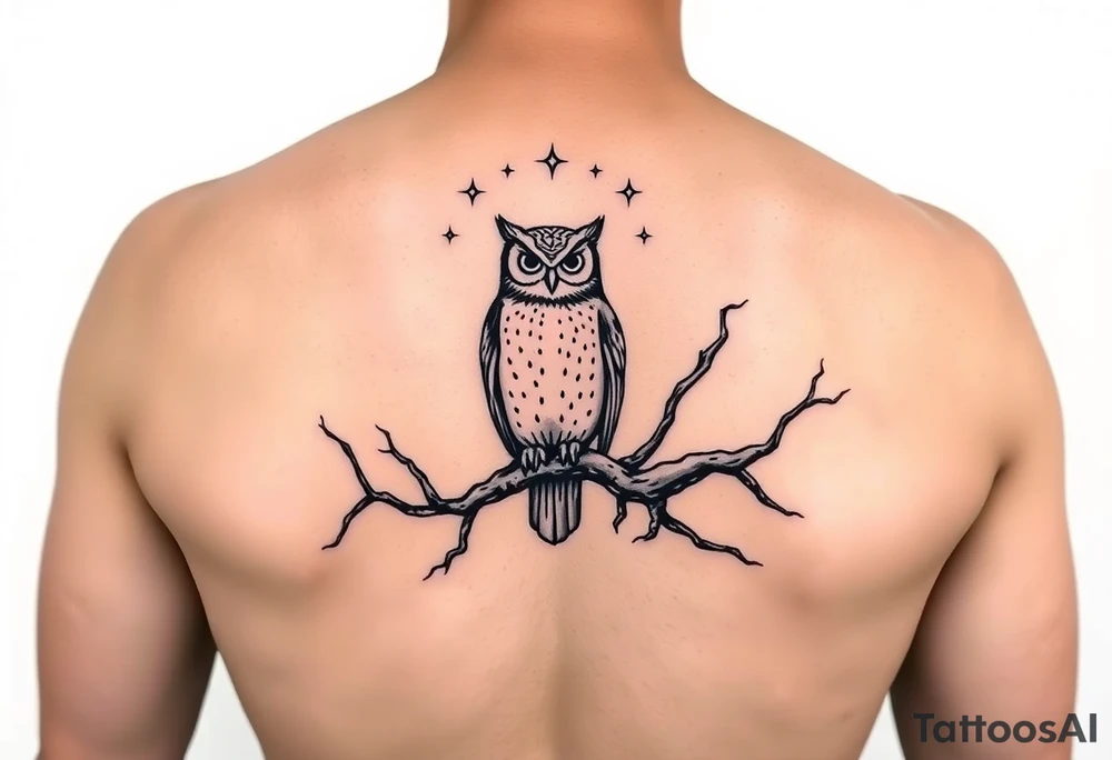 wise owl perched on ancient oak branch under starlit sky tattoo idea