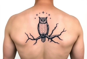 wise owl perched on ancient oak branch under starlit sky tattoo idea