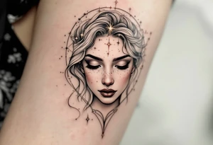 A realistic maiden’s face in grayscale is crowned with Virgo’s constellation in glittering copper tones. tattoo idea