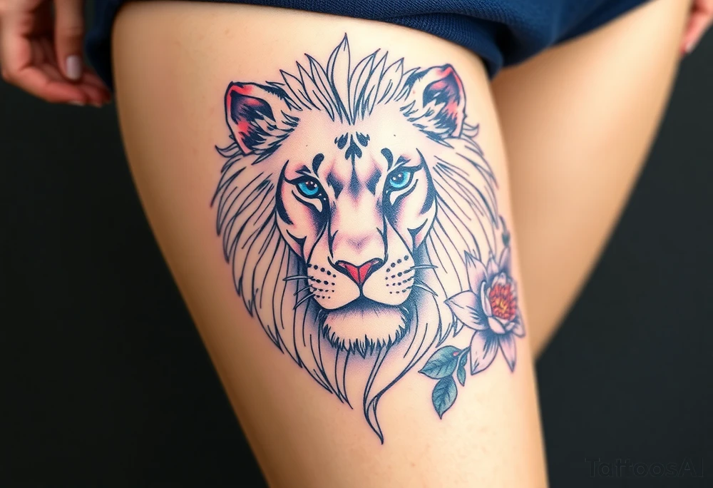 Lion with blue eyes surrounded by larkspur and water lily tattoo idea