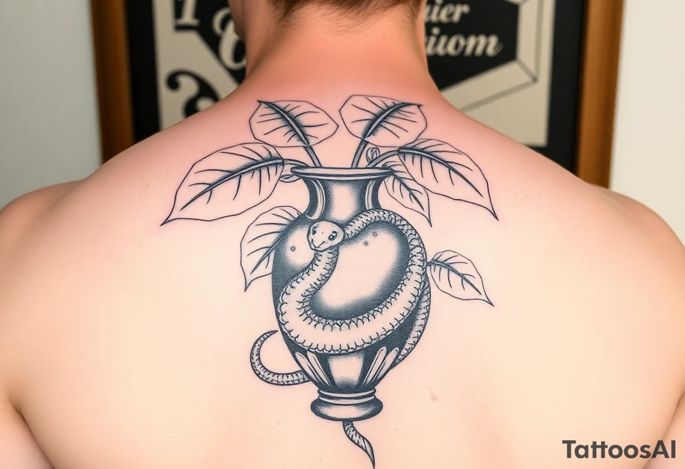 Large Decorative ornamental
 vase with large philodendron leaves with a snake wrapped around showing the head of the snake tattoo idea