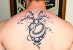 Large Decorative ornamental
 vase with large philodendron leaves with a snake wrapped around showing the head of the snake tattoo idea