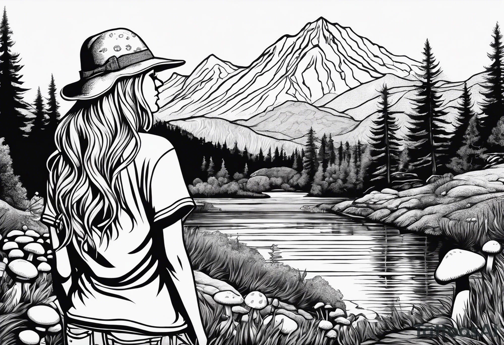 Straight long blonde hair hippie girl in distance holding mushrooms in hand facing away toward mountains and creek surrounded by mushrooms tee shirt and hiking pants tattoo idea