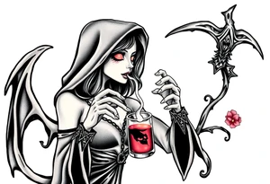 Female grim drinks death potion to get reaper powers tattoo idea