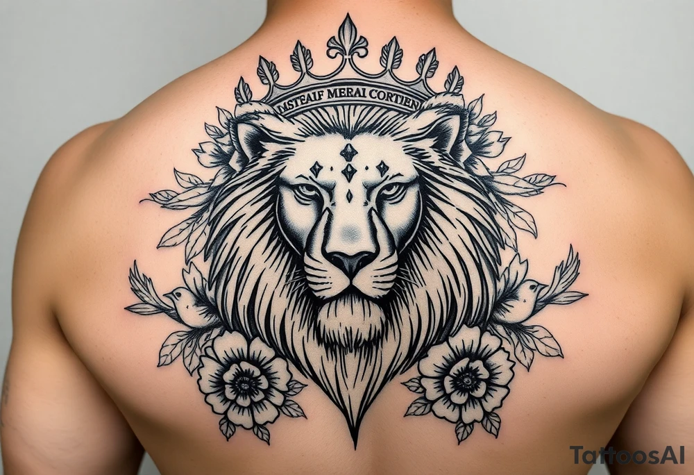 powerful majestic lion with a crown, surrounded by floral ornaments and birds tattoo idea