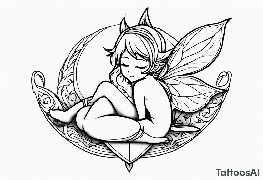 No color fairy with a tail inspired by the logo of the anime show called Fairy Tail in a fetal position leaning in and forward while sleeping tattoo idea