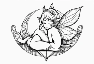No color fairy with a tail inspired by the logo of the anime show called Fairy Tail in a fetal position leaning in and forward while sleeping tattoo idea