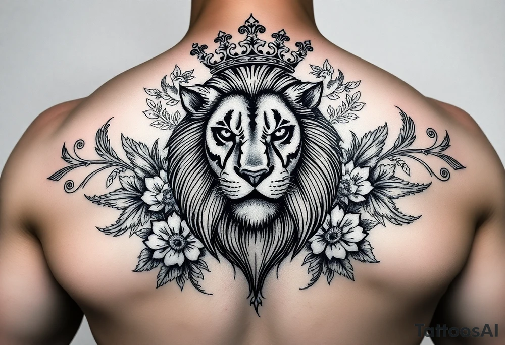 powerful majestic lion with a crown, surrounded by floral ornaments and birds tattoo idea