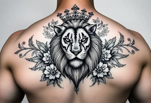 powerful majestic lion with a crown, surrounded by floral ornaments and birds tattoo idea