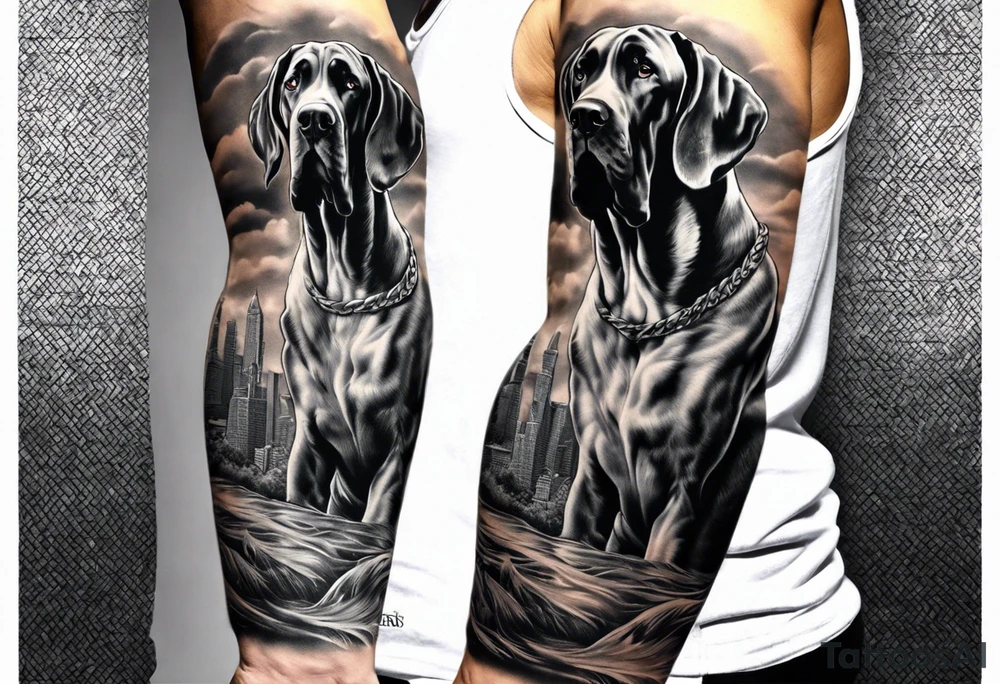 Arm sleeve for man-  with floppy ear Great Dane standing fiercely chest up. With outdoors fill work around the Dane. A waterfall in background tattoo idea