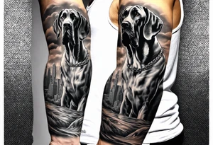 Arm sleeve for man-  with floppy ear Great Dane standing fiercely chest up. With outdoors fill work around the Dane. A waterfall in background tattoo idea