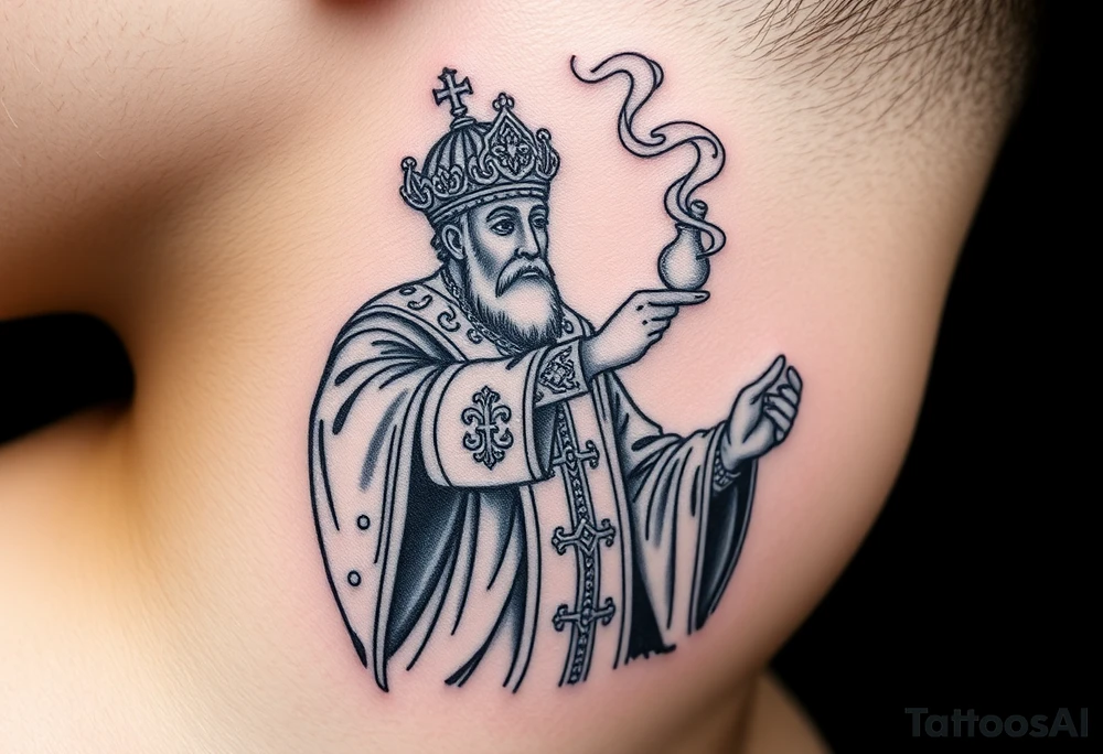 Russian Orthodox Priest in a fully detailed gold vestment swinging a censer with smoke curling upward tattoo idea