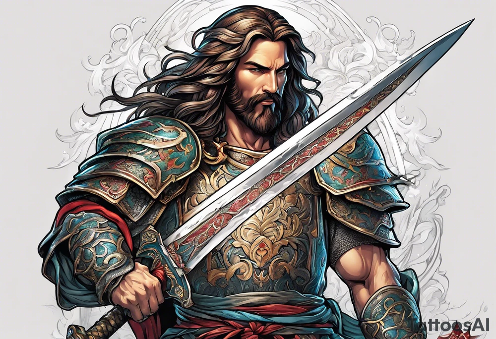 Almighty powerful Jesus in his indestructible armor and using his sword to cut off Serpent head tattoo idea
