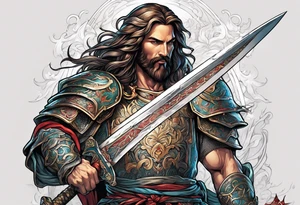 Almighty powerful Jesus in his indestructible armor and using his sword to cut off Serpent head tattoo idea