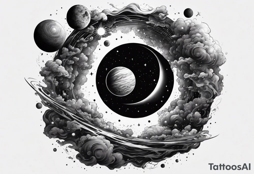 A tattoo that represents a black hole devouring planets orbiting around it. tattoo idea